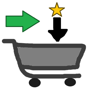 A gray shopping cart with a large green. Above it is an arrow pointing right, and to the right of that is a yellow star with a black arrow pointing from the star into the cart.